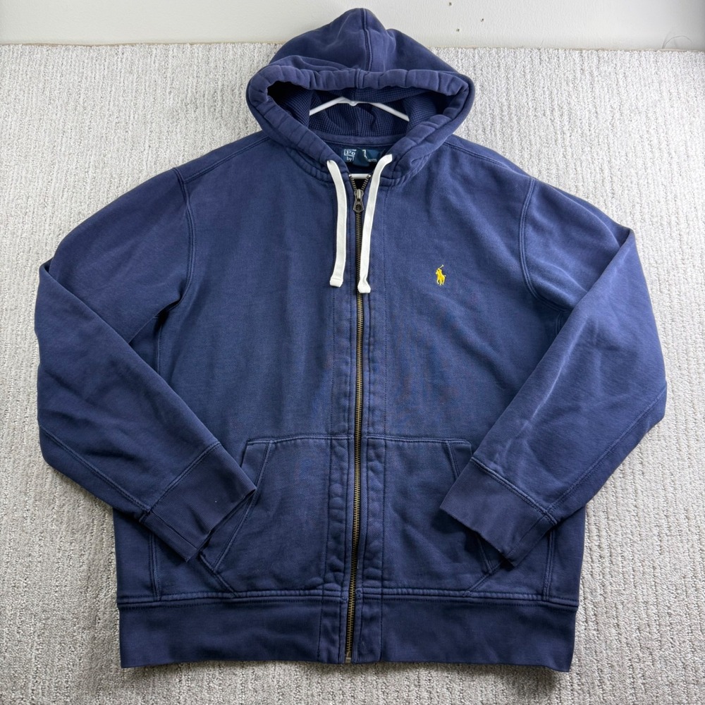 Polo Ralph Lauren Full Zip Hoodie Mens Size XL Navy Blue Yellow Pony Logo
